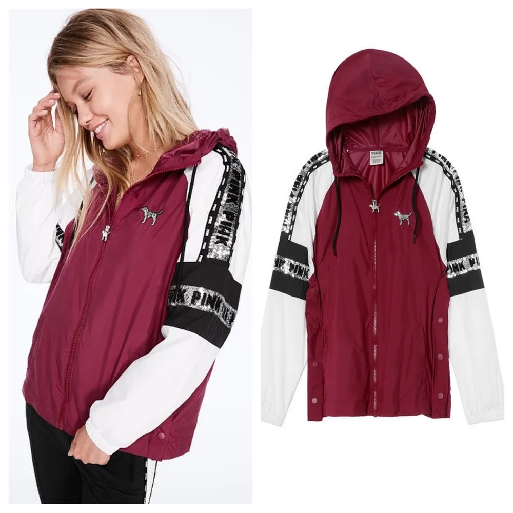 Vs Victoria's Secret PINK Bling Campus Full-Zip Anorak Jacket Merlot Night XS/S